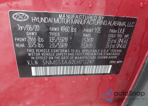 2020 Hyundai Santa Fe Limited 2.0T from USA, damaged, VIN 5NMS53AA2LH213247